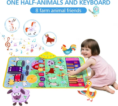 Miniatura 7 de Alfombrilla de piano con sonidos musicales de animales de granja para niños, juguete educativo sensorial de aprendizaje con batería para niños