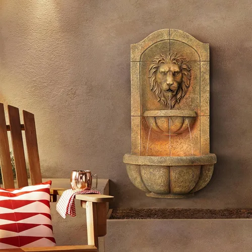 Miniatura 11 de Fuente de pared de león real de 31.5 pulgadas de alto, gran decoración rústica para interiores y exteriores, de bronce, con luz LED, estatua