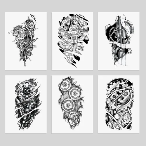 Miniatura 8 de 6 hojas de tatuajes temporales de equipo mecánico biomecánico para hombres, reloj de engranaje robot negro y gris, impermeable, calcomanías falsas