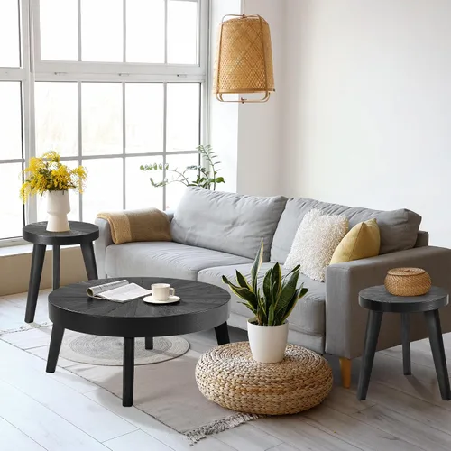 Miniatura 10 de HOKYHOKY Juego de 3 mesas de centro redondas estilo granja, mesas nido de estilo bohemio para sofá, mesas auxiliares con acabado natural de madera