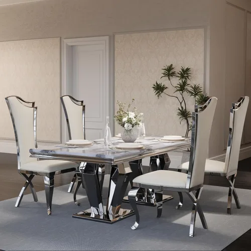 Miniatura 2 de ACEDÉCOR Juego de mesa de comedor para 4, mesa de comedor rectangular de 78 pulgadas con parte superior texturizada gris y base geométrica plateada