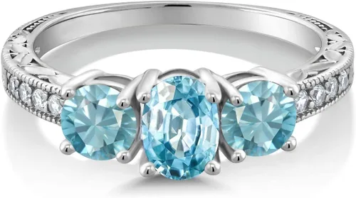Miniatura 7 de Gem Stone King Anillo de compromiso de 3 piedras preciosas de oro blanco de 10 quilates con piedra natal y diamantes cultivados en laboratorio