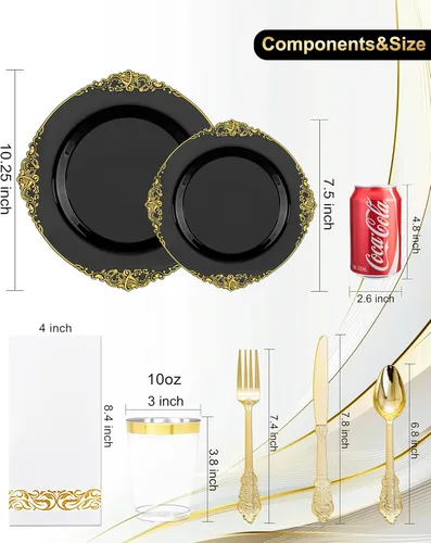 Miniatura 9 de Nervure - 350 platos de plástico negro - Juegos de vajilla de plástico negro para 50 invitados - 100 platos desechables, 150 cubiertos dorados, 50