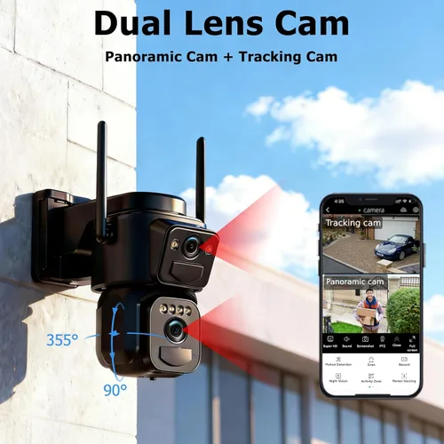 Miniatura 3 de Uniter Cámaras de seguridad solar de doble lente inalámbricas para exteriores, WiFi 5G/2.4G, visión de 360°, panorámica/inclinación, cámara de Negro