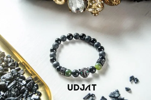 Miniatura 3 de Udjat Pulsera de cabeza de leopardo de pantera negra de la suerte, jade elástico hecho a mano, pulseras de chakras para mujer, pulsera de jade