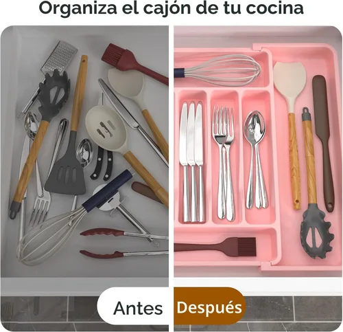 Miniatura 6 de ukeetap Organizador de cubiertos expandible extragrande, sin BPA, apto para alimentos, organizador de cajones de utensilios de cocina, soporte Rosa