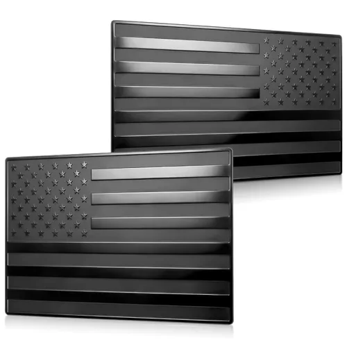 Miniatura 10 de Calcomanía de bandera estadounidense negra 3D para automóvil con línea azul, aluminio en relieve, 1 par de metal cepillado negro mate de 5 x 3