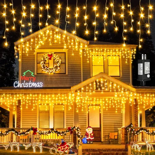 Miniatura 11 de Luces de Navidad de carámbano para exteriores, 66 pies, 640 luces LED de Navidad azules y blancas, 8 modos con 120 gotas, luz de carámbano