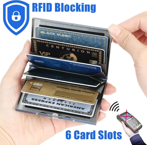 Miniatura 69 de BONSYL® Soporte para tarjetas de crédito, cartera delgada de metal con bloqueo RFID, con 6 ranuras para tarjetas, para mujeres y hombres.