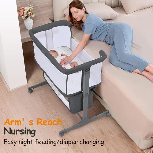 Miniatura 2 de Ezebaby Cuna junto a la cama para bebé, moisés portátil junto a la cama para recién nacidos con ruedas, cesta de almacenamiento, ajustable a 7 Gris
