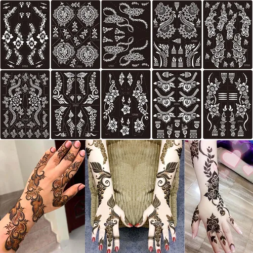 Miniatura 11 de 10 hojas de plantillas de tatuaje de henna 10 pares de plantillas de tatuaje temporal para brazo y mano Tatuajes indios árabes con purpurina Negro