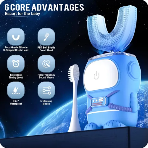 Miniatura 2 de RexCodar Cepillo de dientes eléctrico ultrasónico en forma de U para niños, IPX7 impermeable, cinco modos de limpieza, astronauta de dibujos