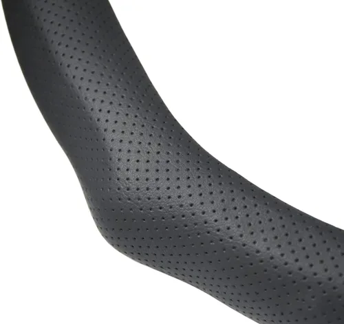 Miniatura 7 de Funda de volante de cuero napa perforado deportivo de instalación rápida con ribete de rayas circulares rojas, ajuste universal para cualquier auto
