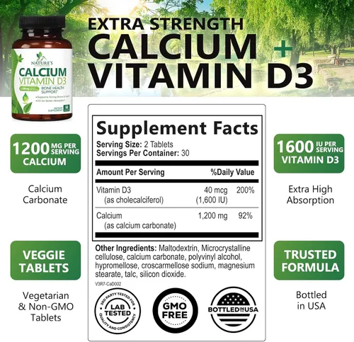 Miniatura 2 de Suplemento de calcio con vitamina D3-1200 mg de calcio por porción con D3 para una mejor absorción - Apoya la salud inmunológica, huesos y dientes