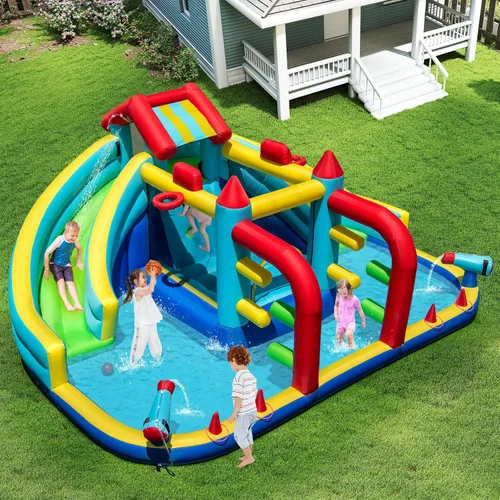 Miniatura 2 de HONEY JOY Tobogán acuático inflable con soplador de 680 W, tobogán largo doble gigante/casa de rebote/pared de escalada/carrera de obstáculos, cañón