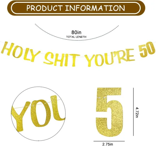 Miniatura 4 de Cartel de Holy Shit You're 50, pancarta de cumpleaños 50, decoración de fiesta de cumpleaños con purpurina dorada para hombre y mujer, divertidos