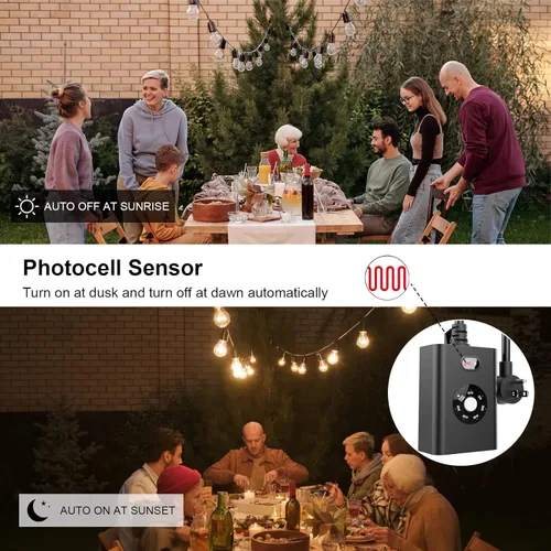 Miniatura 3 de Temporizador para exteriores con sensor para luces del atardecer al amanecer, enchufe impermeable con 2 tomas de tierra para decoración navideña