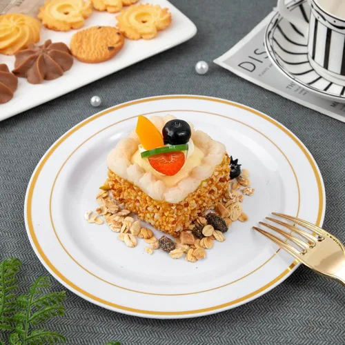 Miniatura 6 de WELLIFE 240 platos desechables de postre con tenedores de plástico dorados, 120 platos blancos de 6.5 pulgadas para ensalada de pastel con borde