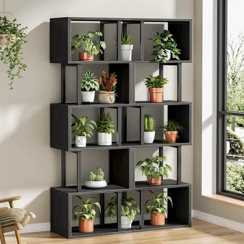 Miniatura 2 de Furologee Estantería de 6 niveles, estantería geométrica alta, estantería industrial en forma de S, estante de pie decorativo de metal y madera