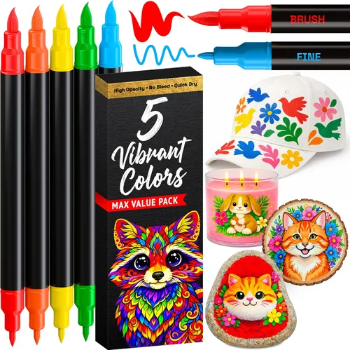 Miniatura 24 de ARTISTRO 5 marcadores de pintura acrílica negra, bolígrafos de pintura de doble punta + pincel fino ideal para caligrafía, perfectos para tela