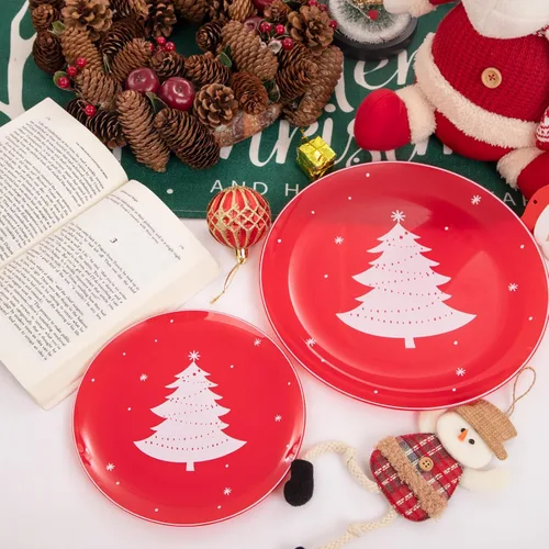 Miniatura 5 de Platos de plástico de Navidad WDF 50 piezas - Platos de plástico rojos y blancos con árbol de Navidad incluyen 25 platos para cena, 25 platos