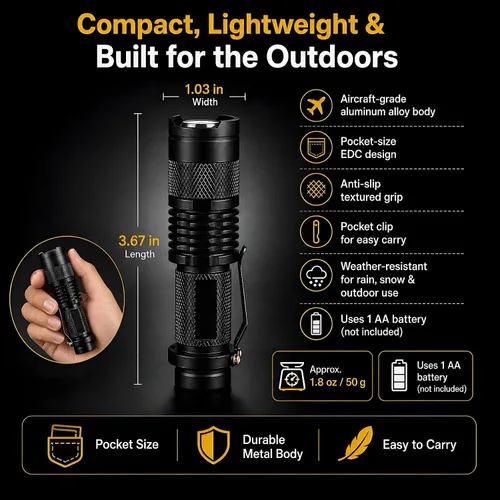 Miniatura 3 de 10 linternas LED de alta luz, mini linterna impermeable de bolsillo con 3 modos, enfoque ajustable zoomable para camping, senderismo