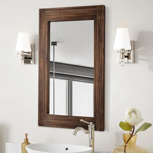 Miniatura 4 de YOSHOOT - Espejo de pared hecho a mano con madera empalmada para baño, espejo de tocador rústico estilo granja, arte de pared decorativo, marco