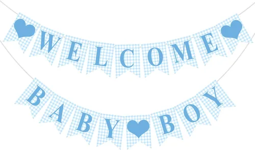 Miniatura 12 de Hahafelt 1 pieza de pancarta azul de gingham para bebé niño para decoraciones de fiesta Azul preencordada Baby shower, es un niño, pancarta de papel
