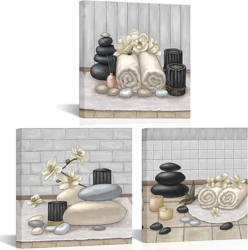 Miniatura 9 de RnnJoile Arte de pared de lienzo para spa con piedra Zen y orquídea, pintura de estilo bodegón amarillo, impresiones para decoración de baño