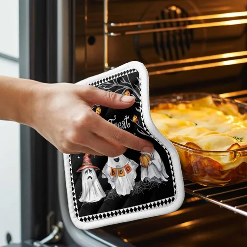 Miniatura 3 de Juego de 2 soportes para ollas de Halloween para cocina, platos de sartén para horno, tapete a prueba de calor con lazo para colgar, agarraderas