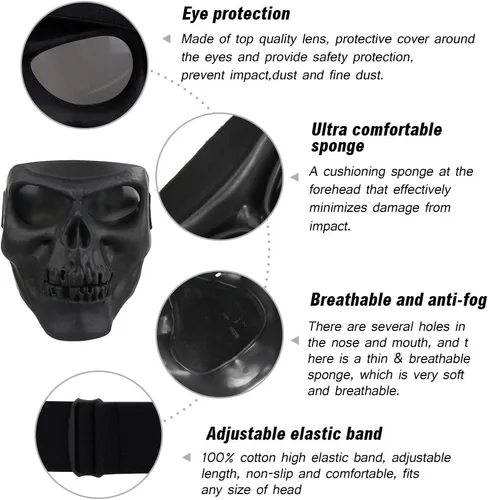 Miniatura 3 de Máscara de calavera espeluznante con lente polarizada para Airsoft, Paintball, Motor Racing Negro
