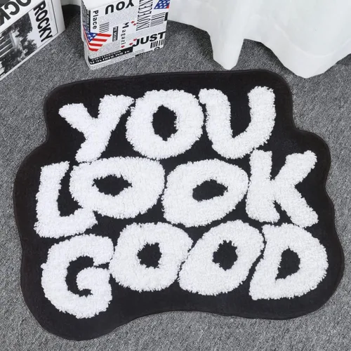 Alfombra de baño negra con texto en inglés "You Look Good", alfombra de baño divertida, bonita, antideslizante, de microfibra, de felpa, pequeña,