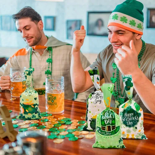 Miniatura 5 de 160 piezas de 4 estilos de bolsas de dulces de celofán del Día de San Patricio con lazos de torsión, diseños de trébol y duende, bolsas de golosinas