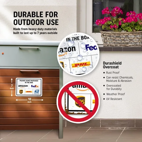 Miniatura 5 de SmartSign 7 x 10 pulgadas "Por favor, deje los paquetes en la caja - Amazon, FedEx, UPS, USPS" Letrero de instrucciones de entrega de metal