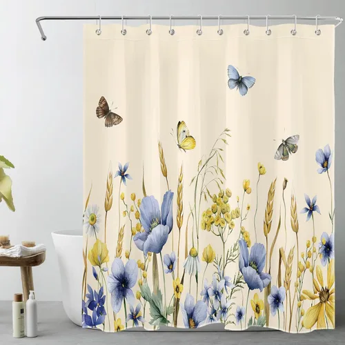 Cortina de ducha con diseño de mariposas y flores, flores azules y amarillas, color beige, juego de cortina de ducha para baño, cortina de baño de