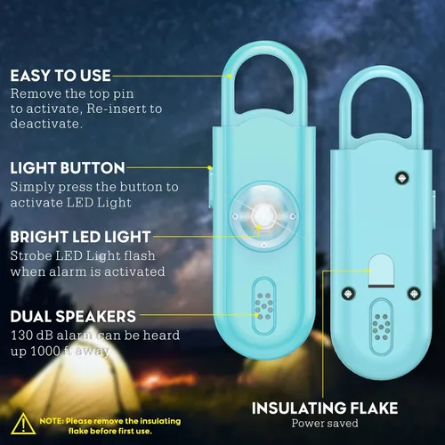 Miniatura 3 de Llavero de alarma de seguridad personal para mujeres, 2 unidades, sirena fuerte de 130 dB con luz estroboscópica SOS, linterna, altavoces dobles
