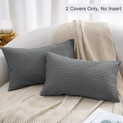 Miniatura 3 de PHF - Funda de almohada lumbar 100% de algodón, tejido de punto gofre, 12 x 20 pulgadas, sin relleno, paquete de 2 fundas de cojín rectangulares