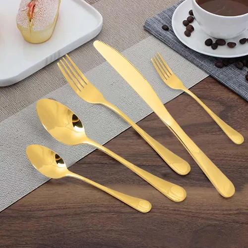 Miniatura 3 de Juego de cubiertos de acero inoxidable, juego de vajilla de 20 piezas, elegante cuchillo, tenedor, cuchara, cubiertos, servicio para 4 (dorado)