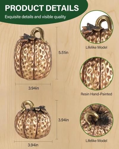 Miniatura 2 de GoGnome Juego de 2 figuras de calabaza de resina dorada, decoraciones texturizadas de cosecha de otoño para centro de mesa, decoración de Acción
