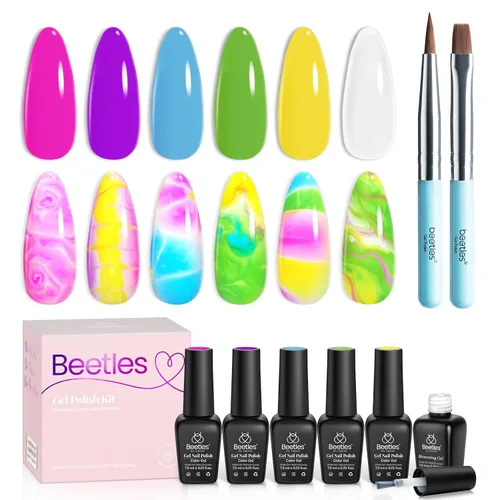 Beetles Esmalte de uñas en gel navideño con gel floreciente, 5 colores rosa neón verde azul morado amarillo, esmalte floreciente transparente para