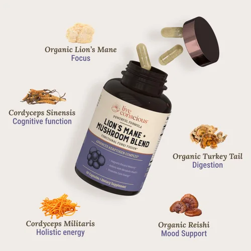 Miniatura 2 de Live Conscious Cápsulas de suplemento de hongos de melena de león para apoyo cerebral con melena de león, corderos, reishi y hongos de cola de pavo