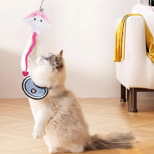 Miniatura 4 de Andiker Varita de juguete para gatos, palo flexible de 35 pulgadas de largo con bonita forma de pez, varita de campana, juguete interactivo