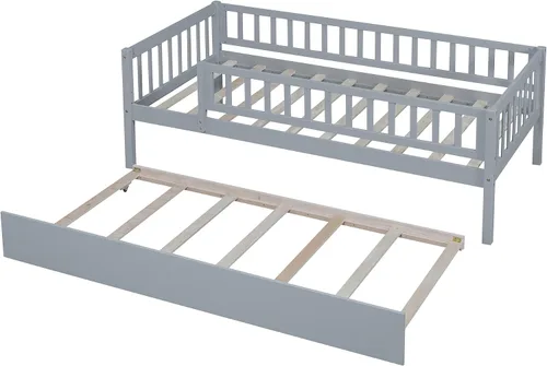Miniatura 8 de Base de cama de tamaño individual con barandillas nido y vallas, camas infantiles de madera estilo Montessori con soporte de tablillas, sofá cama