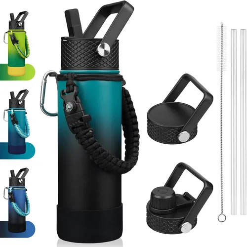 Miniatura 29 de BJPKPK - Botella de agua con tapa de popote, botellas de agua aisladas de 18 onzas con 3 tapas, asa de cuerda de paracaídas y base antideslizante