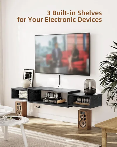 Miniatura 3 de Soporte de TV flotante de 55 pulgadas con toma de corriente, estante de consola multimedia montado en la pared para televisores, centro