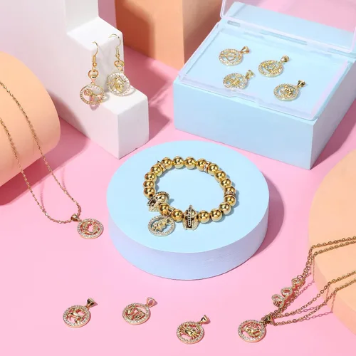 Miniatura 3 de Hicarer 12 dijes del zodiaco para hacer joyas, colgantes chapados en oro y plata con diamantes de imitación del signo del zodiaco, dijes de Dorado