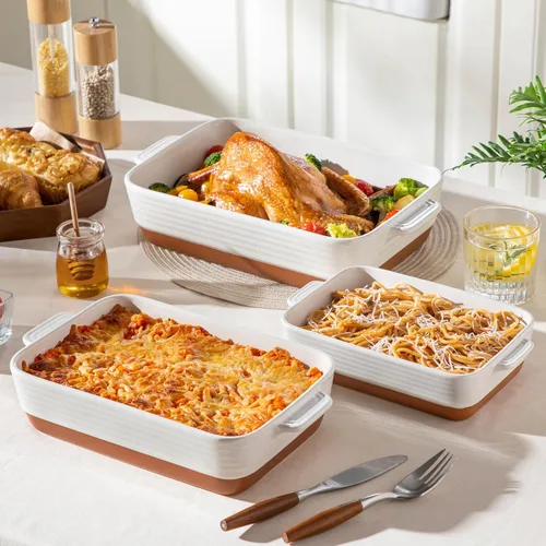 Miniatura 6 de MALACASA Fuentes para horno, Juego de 3 fuentes de cerámica para hornear, Juego de fuentes para hornear, Bandeja rectangular para lasaña profunda