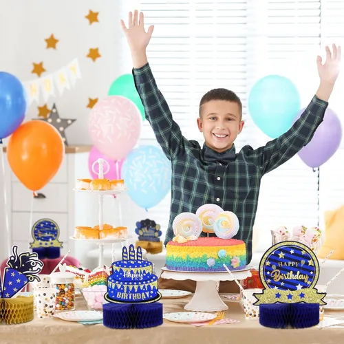Miniatura 5 de Gersoniel 9 piezas de decoración de mesa de feliz cumpleaños, centros de mesa de panal de abeja con purpurina, decoración de fiesta azul y dorada