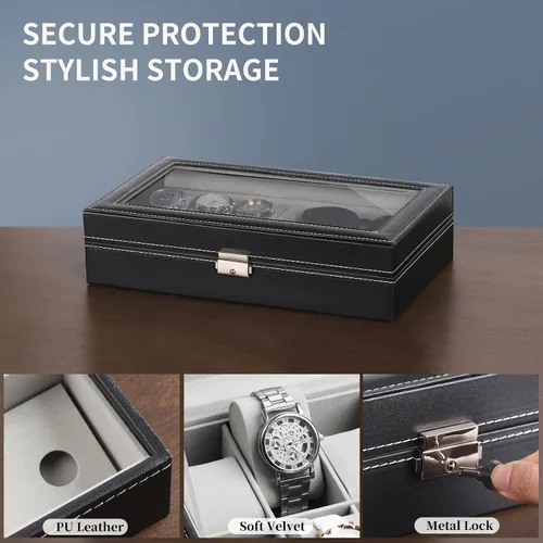 Miniatura 4 de AUTOARK AW-004 - Caja de cuero para 6 relojes y 3 lentes y gafas de sol con organizador de joyas, cajas de almacenamiento para hombre y mujer, tapa