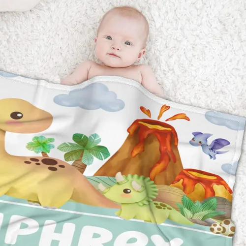 Miniatura 2 de Manta de regalo personalizada de dinosaurio con nombre para niñas, niños, recién nacidos, dinosaurio, manta personalizada para envolver al bebé